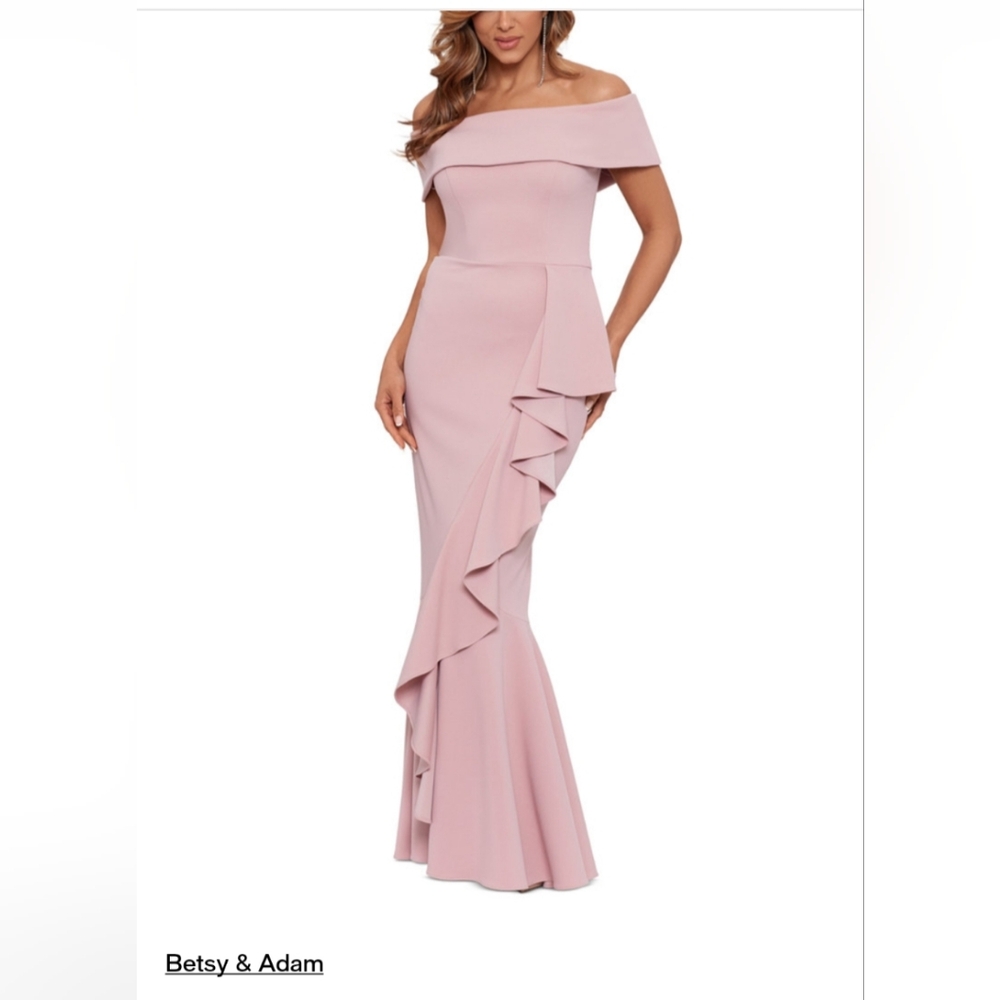 Betsy & Adam ROSE MERMAID Off-Shoulder Gown SZ 12 NWT